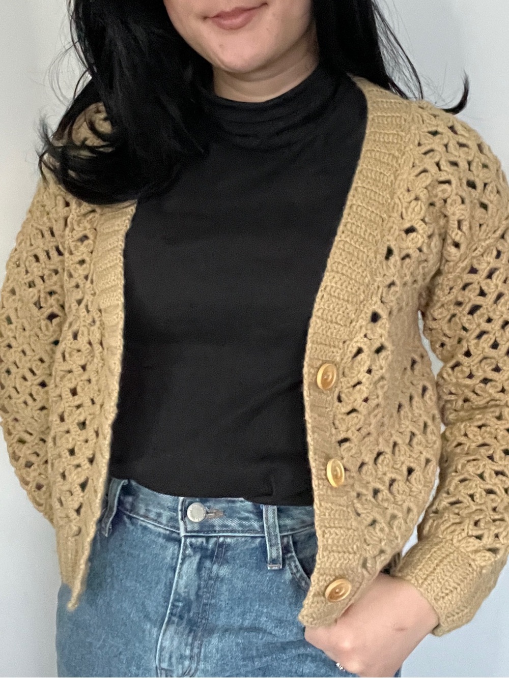 Chunky Crochet Button-Front Cardigan Sweater in Tan